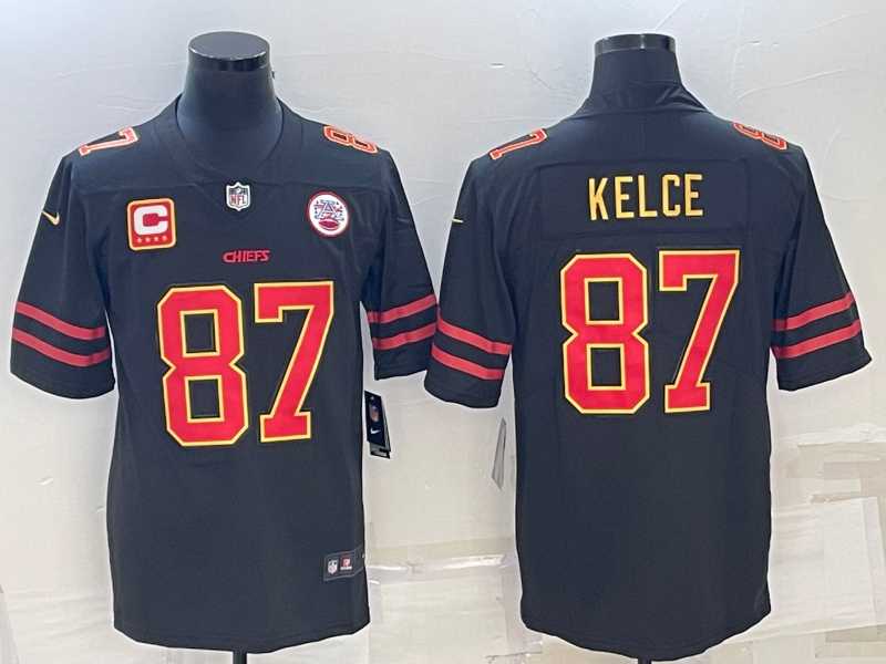 Mens Kansas City Chiefs #87 Travis Kelce Black Red Gold 4-star C Patch Vapor Untouchable Limited Stitched Jersey
